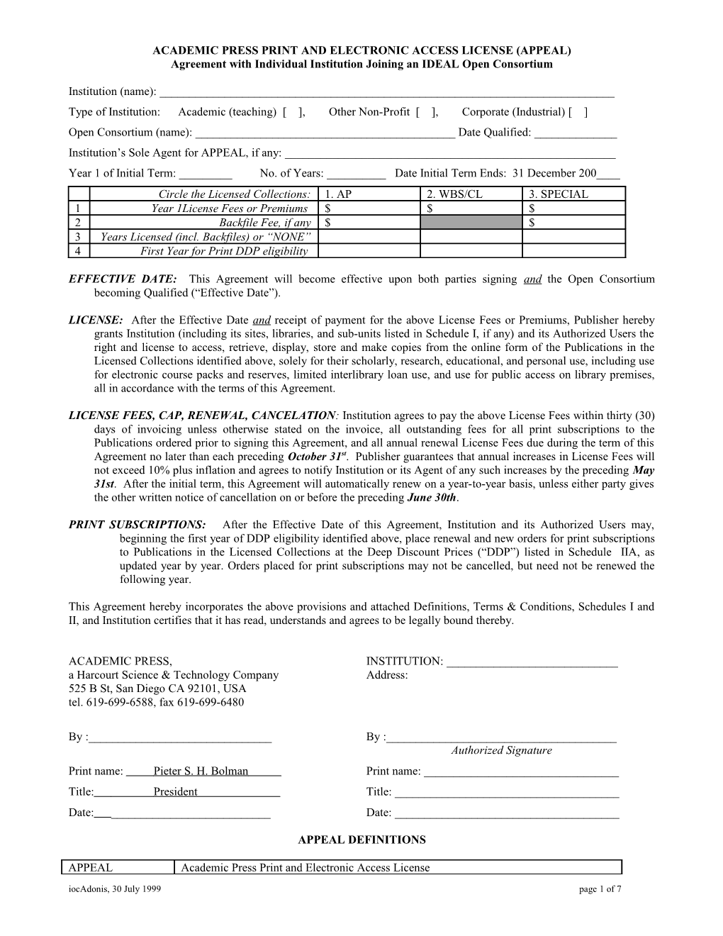 Academic Press Print and Electronic Access License (Appeal)