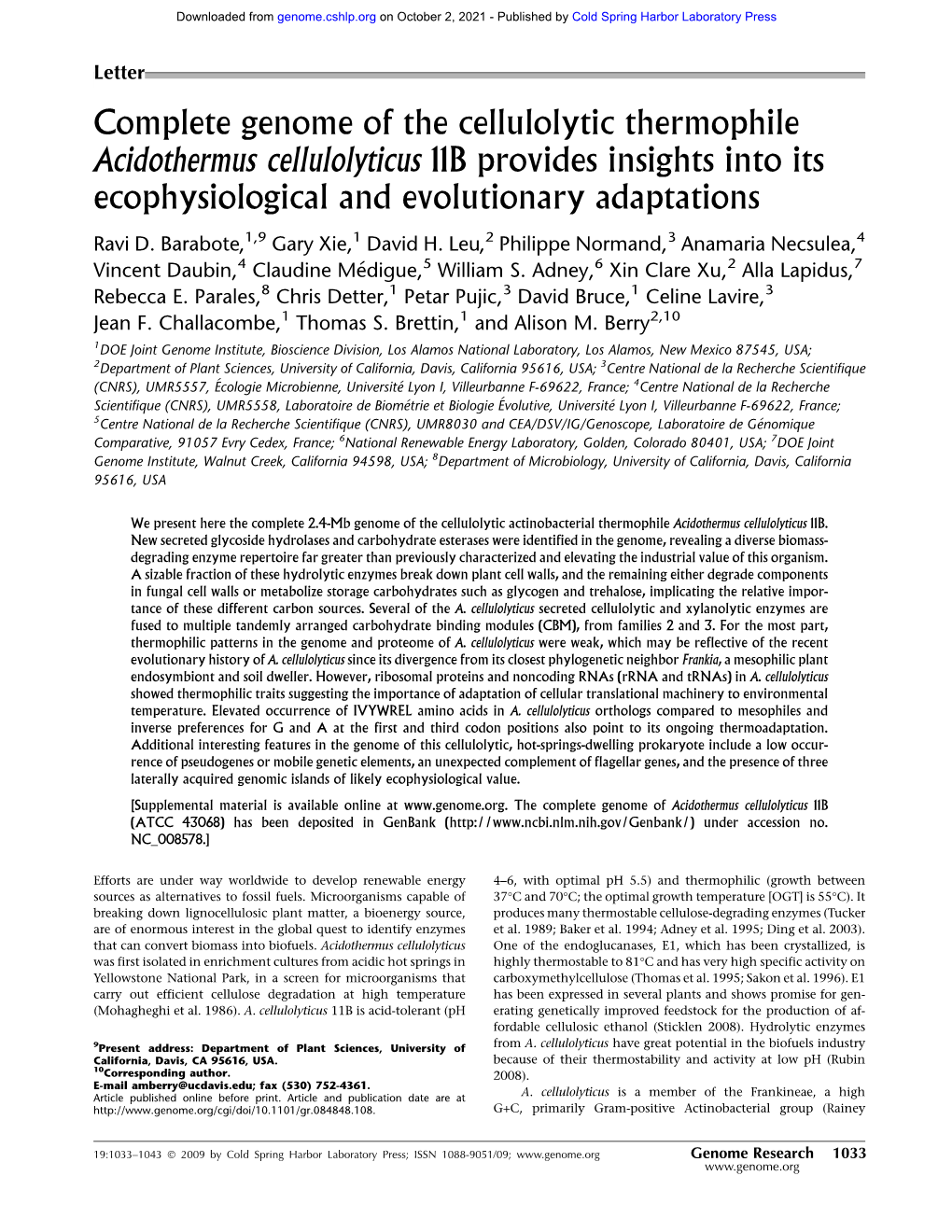 Complete Genome of the Cellulolytic Thermophile Acidothermus Cellulolyticus 11B Provides Insights Into Its Ecophysiological and Evolutionary Adaptations