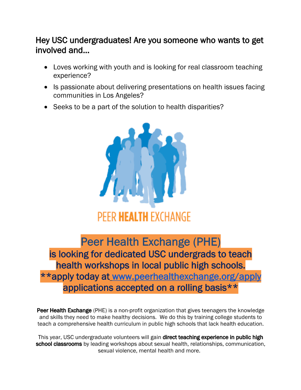 Peer Health Exchange -.Hub | Opportunities and Events from USC