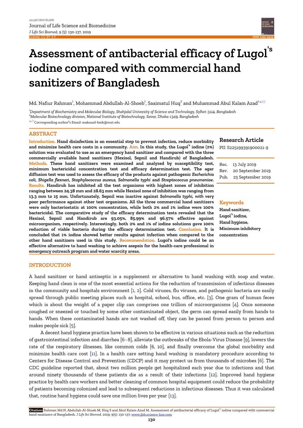 Assessment of Antibacterial Efficacy of Lugol Iodine Compared With