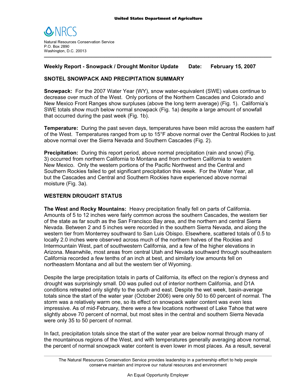 Weekly Report Drought Monitor / Snowpack Update s6