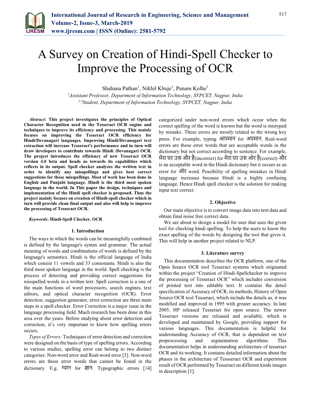 A Survey on Creation of Hindi-Spell Checker to Improve the Processing of OCR