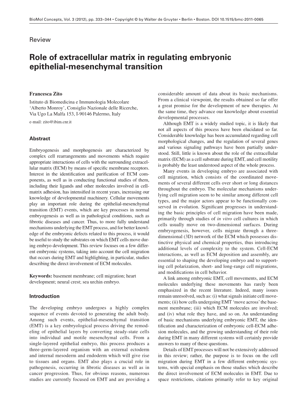 Role of Extracellular Matrix in Regulating Embryonic Epithelial-Mesenchymal Transition