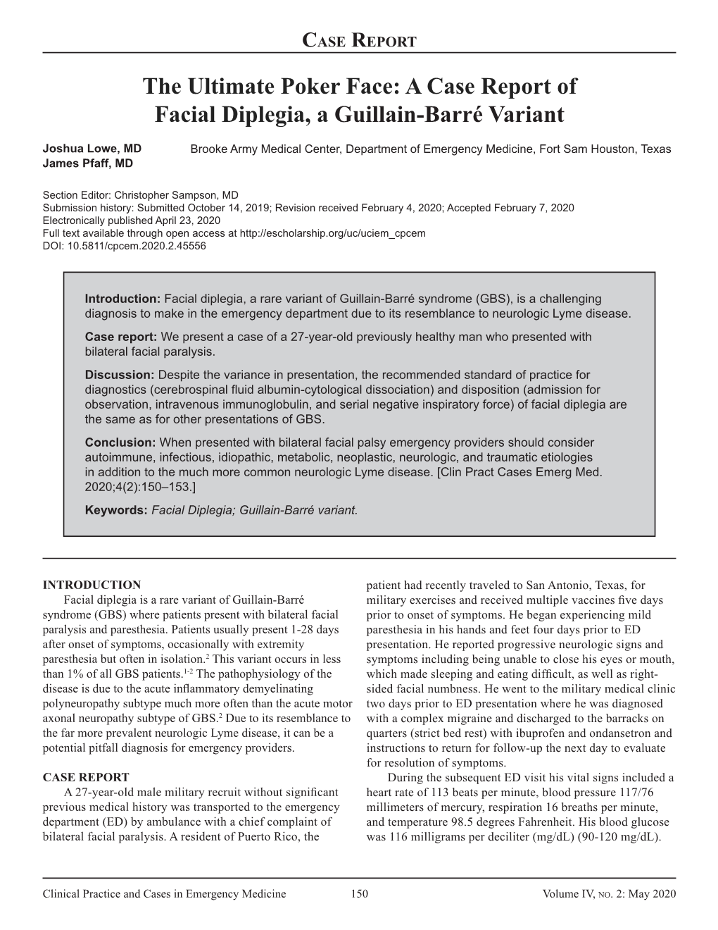 The Ultimate Poker Face: a Case Report of Facial Diplegia, a Guillain-Barré Variant