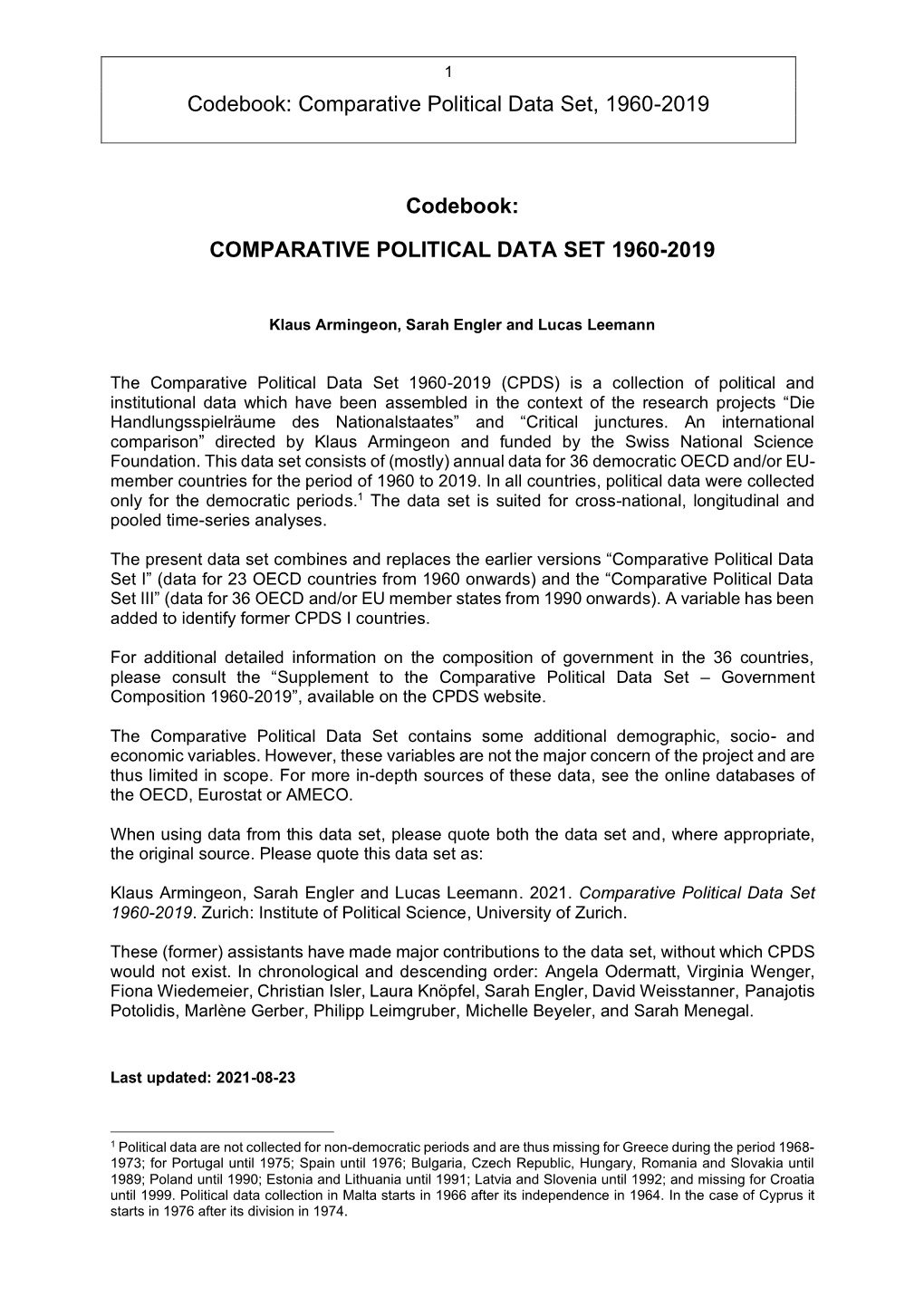 Comparative Political Data Set, 1960-2019 Codebook