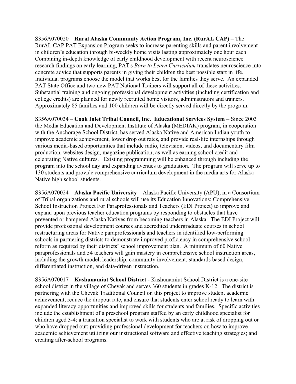 FY 2007 Alaska Native Grant Award Information (MS WORD)