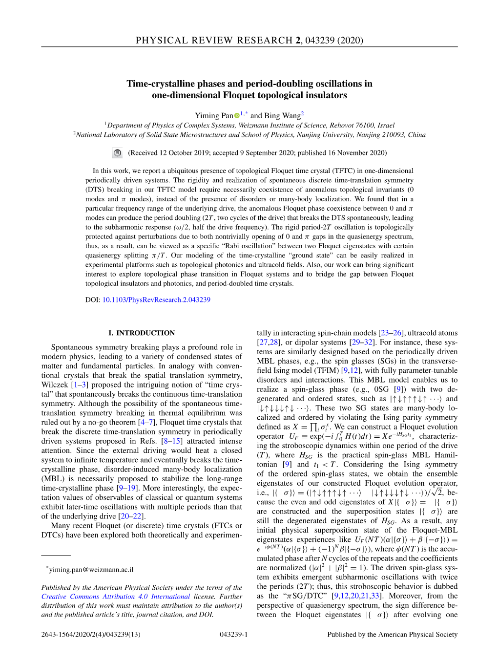 (2020) Time-Crystalline Phases and Period-Doubling Oscillations in One-Dimensional Floquet Topological Insulators