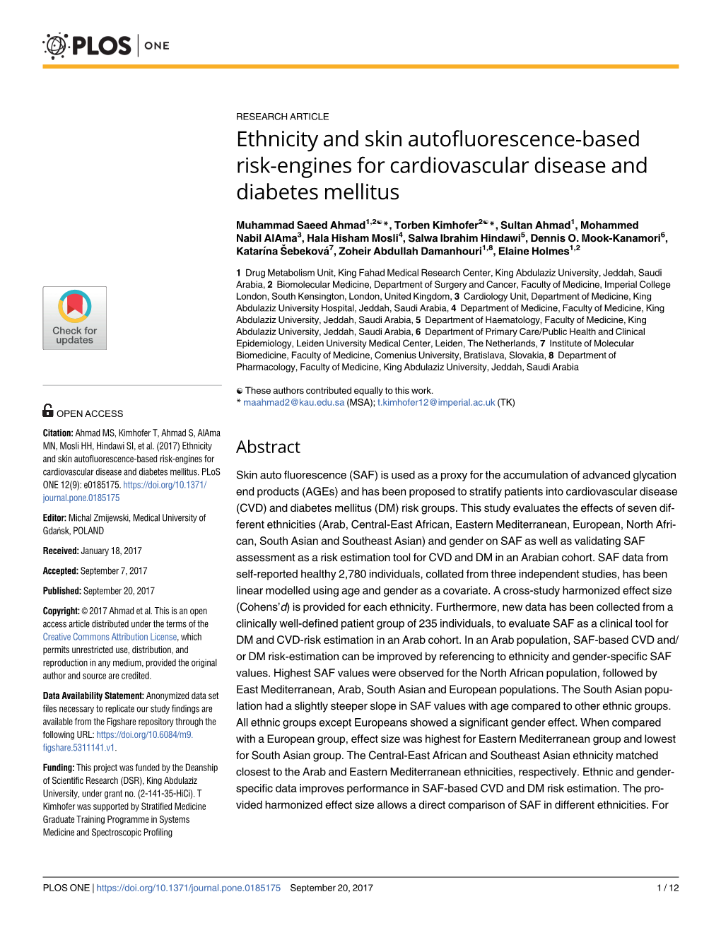 Ethnicity and Skin Autofluorescence-Based Risk-Engines for Cardiovascular Disease and Diabetes Mellitus