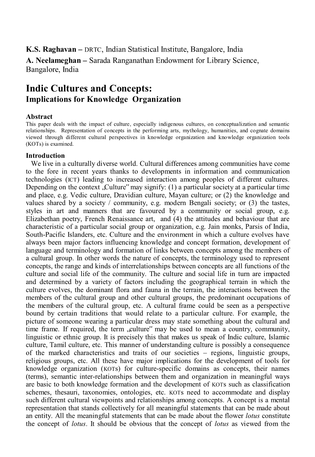 Indic Cultures and Concepts: Implications for Knowledge Organization