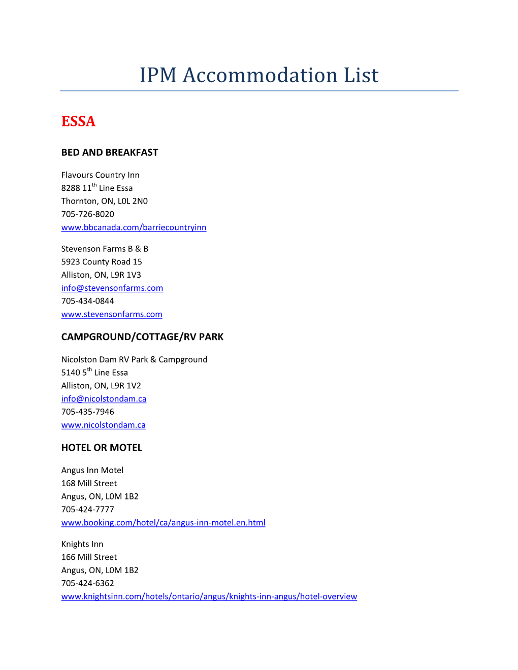 IPM Accommodation List