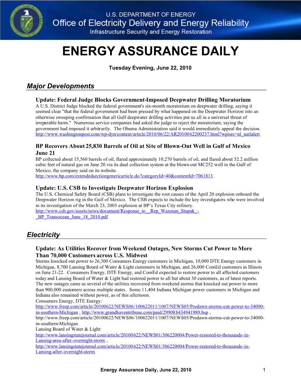 Energy Assurance Daily, June 22, 2010