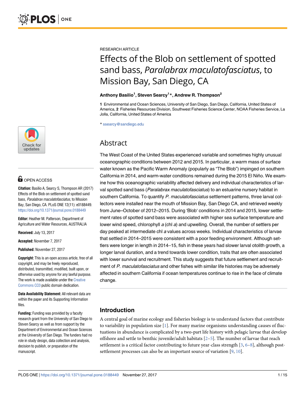 Effects of the Blob on Settlement of Spotted Sand Bass, Paralabrax Maculatofasciatus, to Mission Bay, San Diego, CA