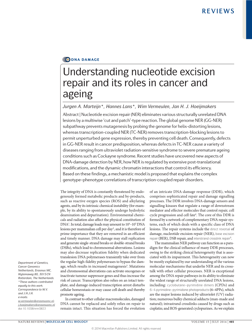 Understanding Nucleotide Excision Repair and Its Roles in Cancer and Ageing