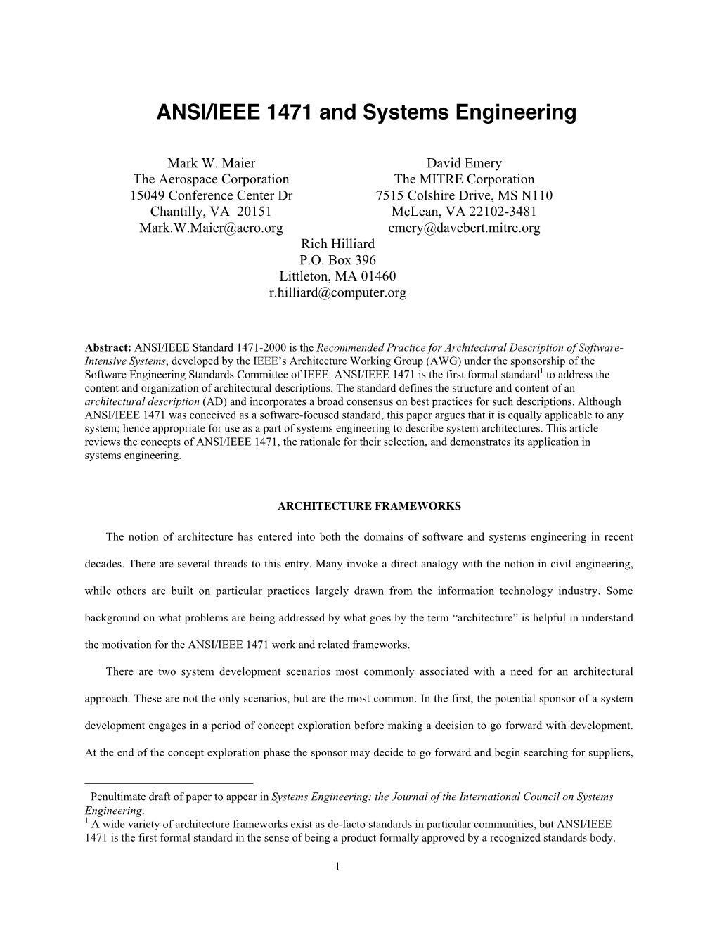 ANSI/IEEE 1471 and Systems Engineering•