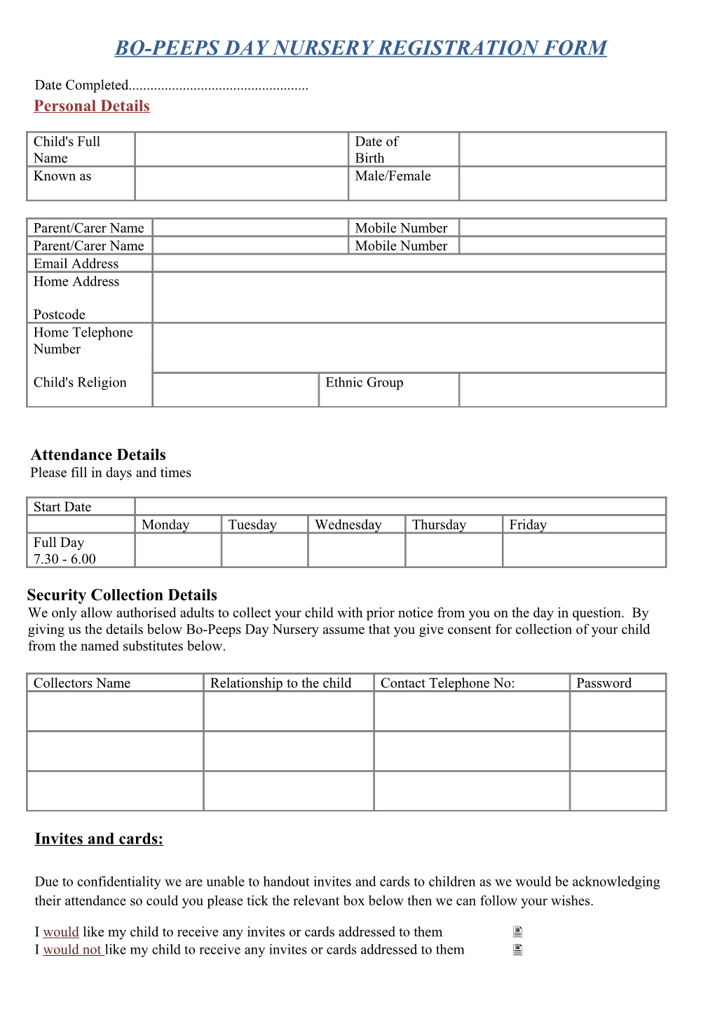 Bo-Peeps Day Nursery Registration Form