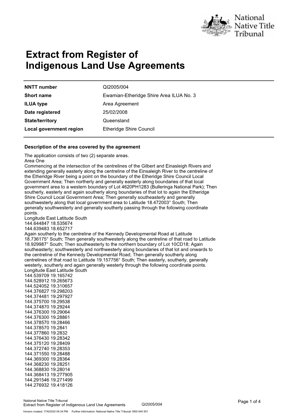 Extract from Register of Indigenous Land Use Agreements