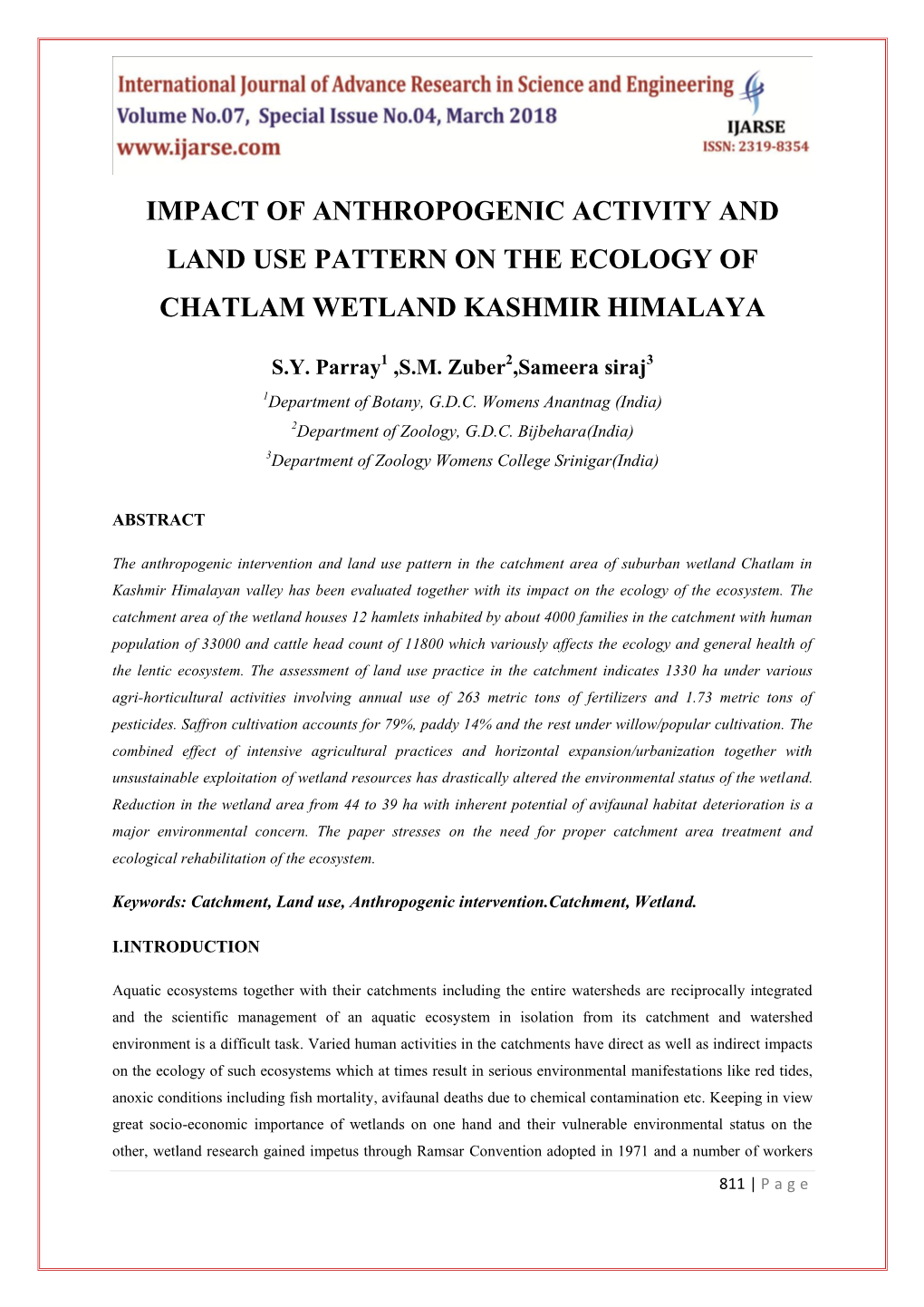 Impact of Anthropogenic Activity and Land Use Pattern on the Ecology of Chatlam Wetland Kashmir Himalaya