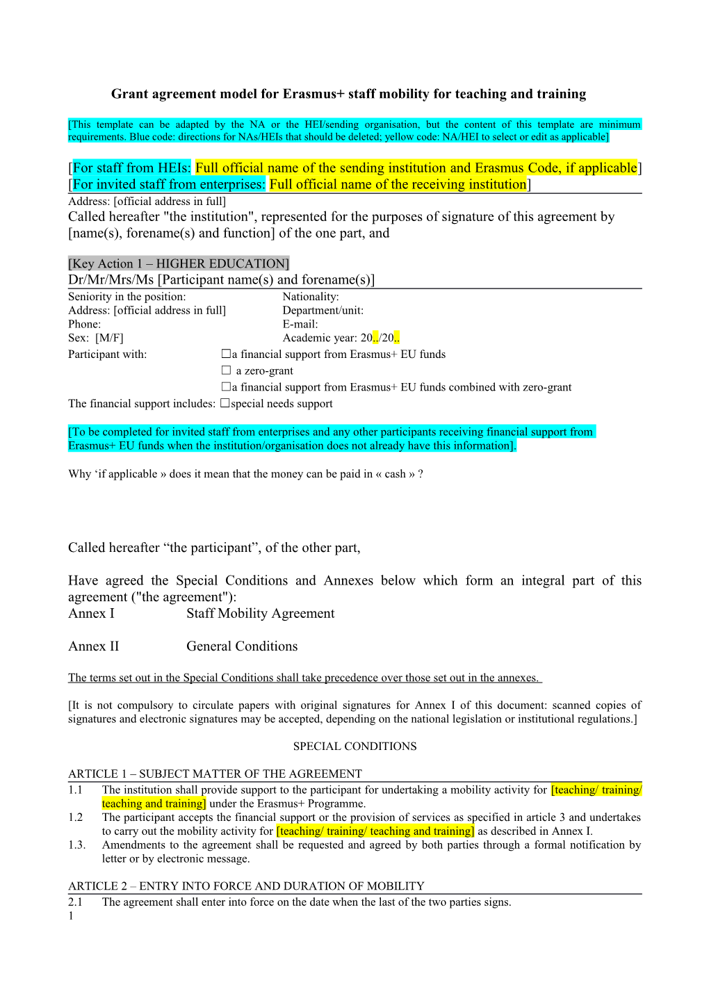 Grant Agreement Model for Erasmus+ Staff Mobility for Teaching and Training