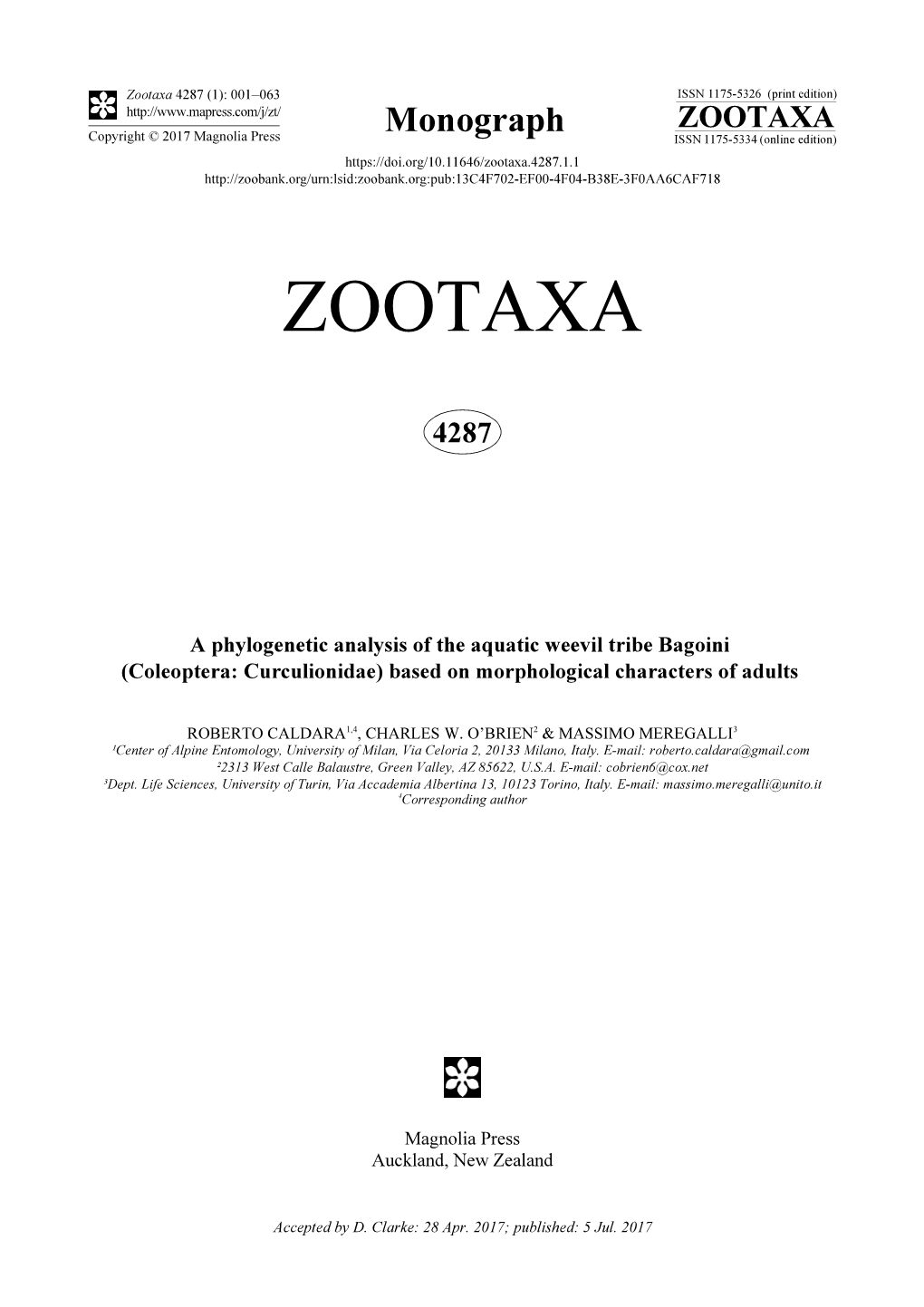 A Phylogenetic Analysis of the Aquatic Weevil Tribe Bagoini (Coleoptera: Curculionidae) Based on Morphological Characters of Adults