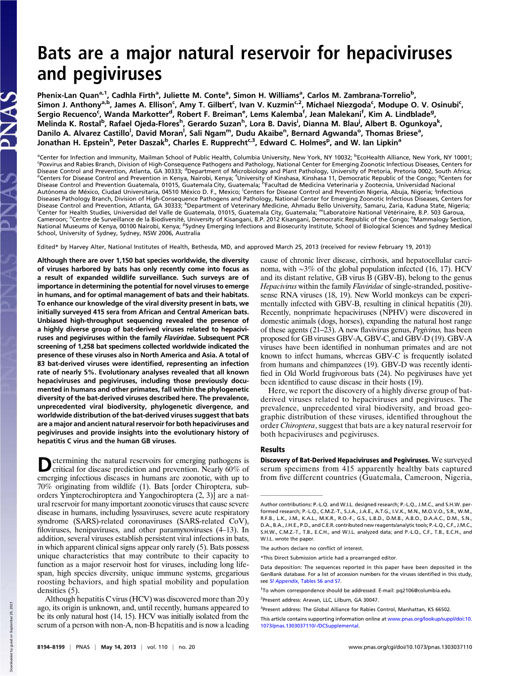 Bats Are a Major Natural Reservoir for Hepaciviruses and Pegiviruses