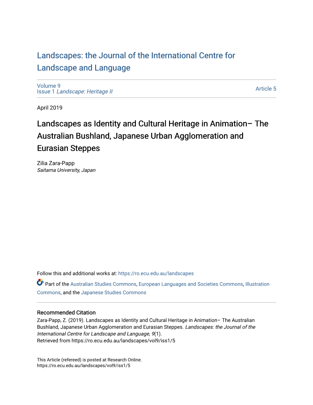 Landscapes As Identity and Cultural Heritage in Animation– the Australian Bushland, Japanese Urban Agglomeration and Eurasian Steppes