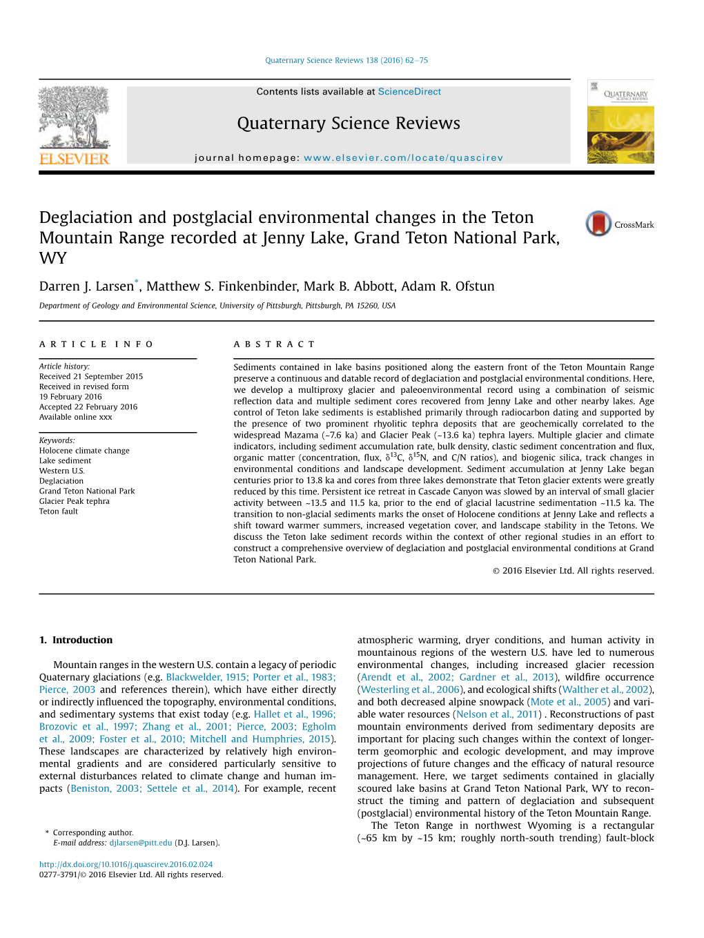 Deglaciation and Postglacial Environmental Changes in the Teton Mountain Range Recorded at Jenny Lake, Grand Teton National Park, WY