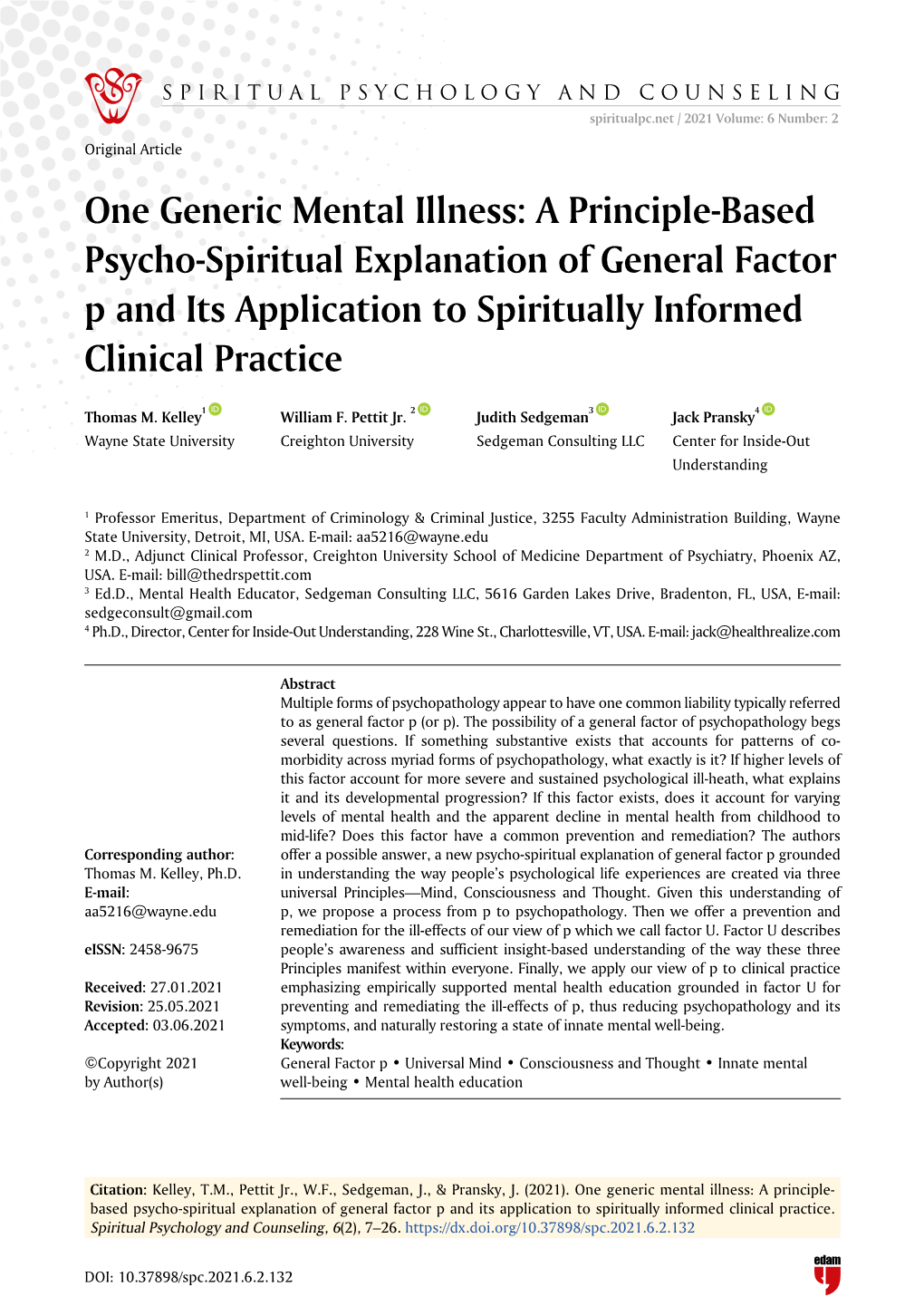 One Generic Mental Illness: a Principle-Based Psycho-Spiritual Explanation of General Factor P and Its Application to Spiritually Informed Clinical Practice