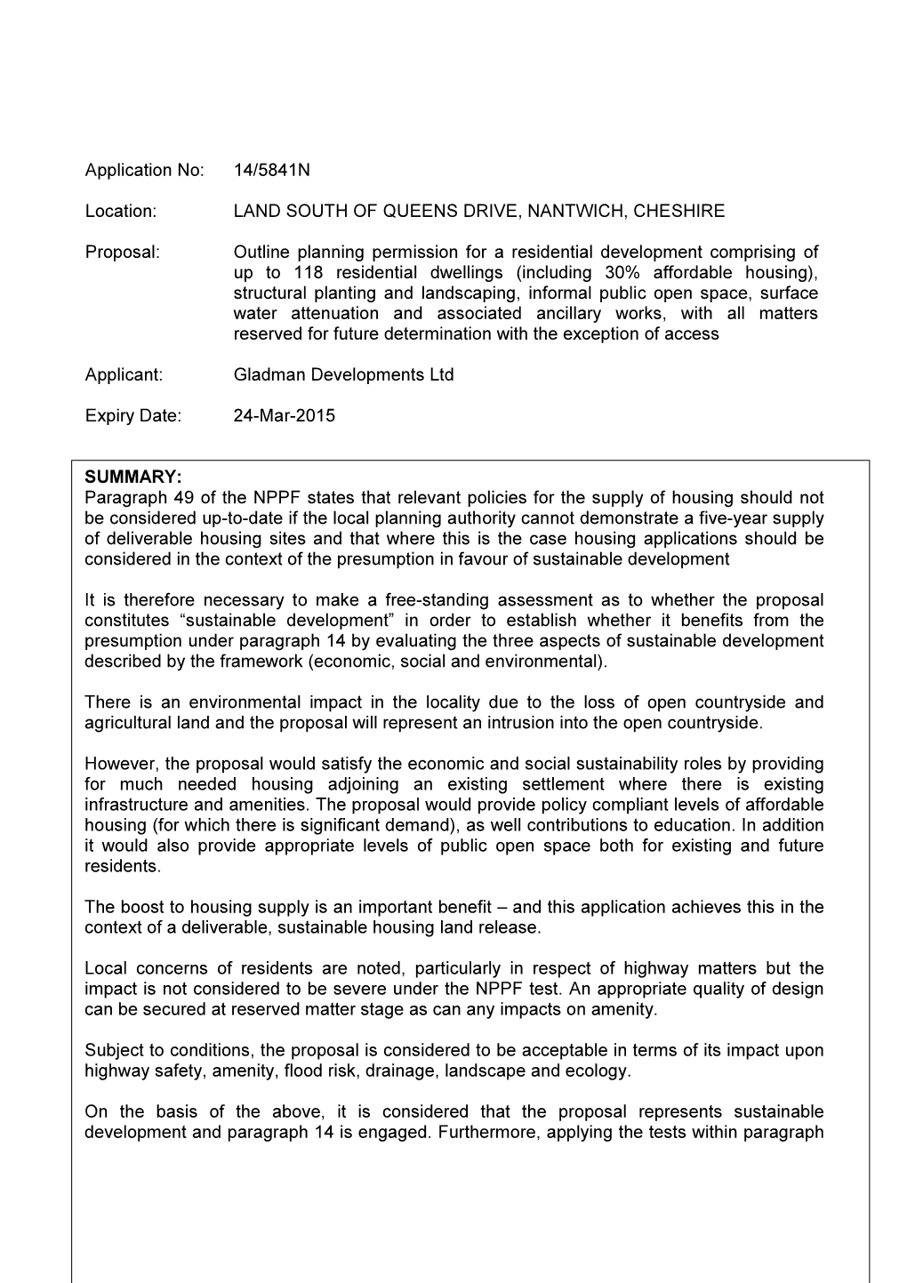 LAND SOUTH of QUEENS DRIVE, NANTWICH, CHESHIRE Proposal