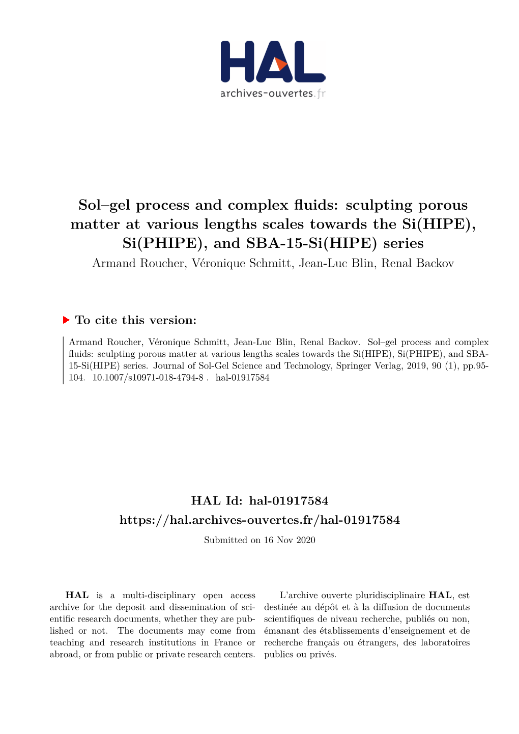 Sol–Gel Process and Complex Fluids