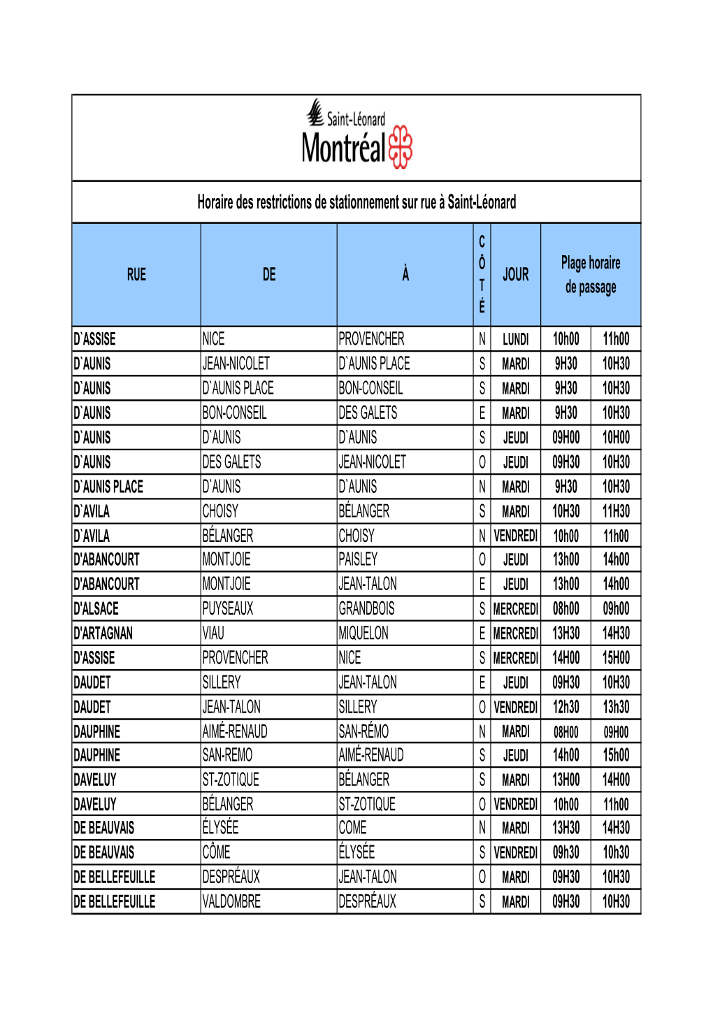 Horaire Des Restrictions De Stationnement Sur Rue À Saint-Léonard