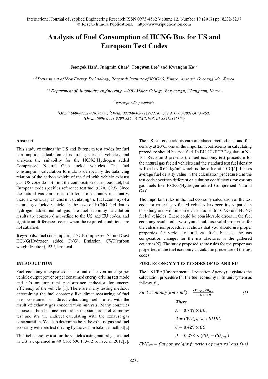 Analysis of Fuel Consumption of HCNG Bus for US and European Test Codes