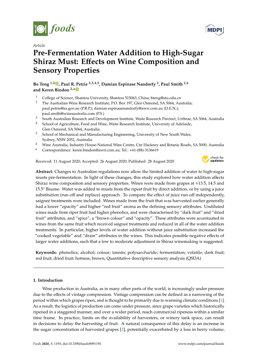 Pre-Fermentation Water Addition to High-Sugar Shiraz Must: Effects On