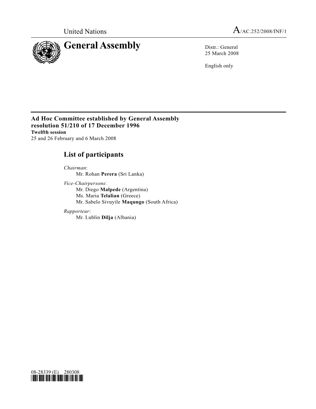 General Assembly Distr.: General 25 March 2008