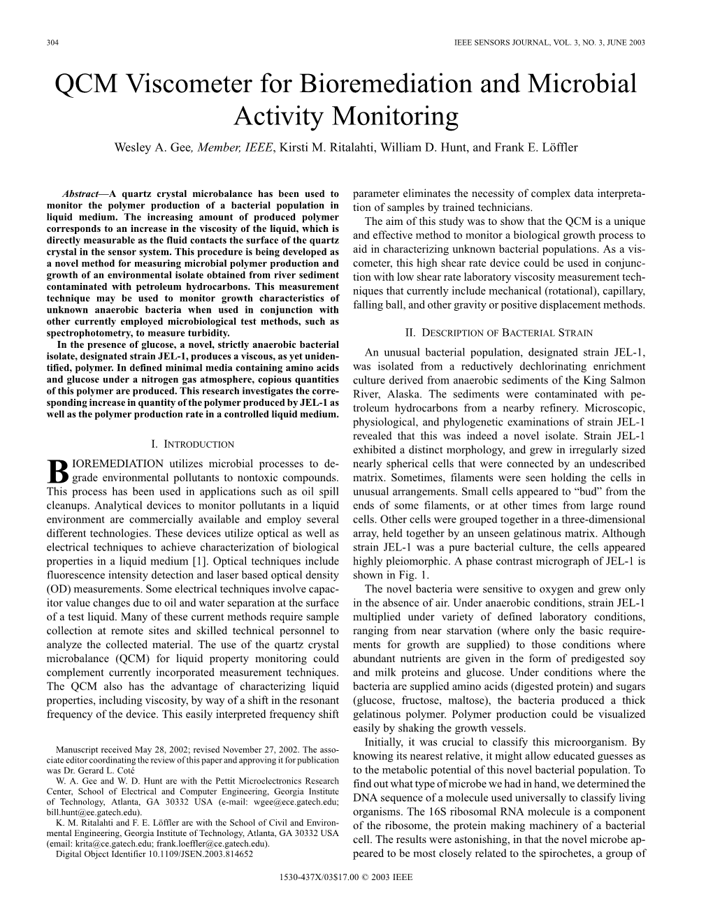 QCM Viscometer for Bioremediation and Microbial Activity Monitoring Wesley A