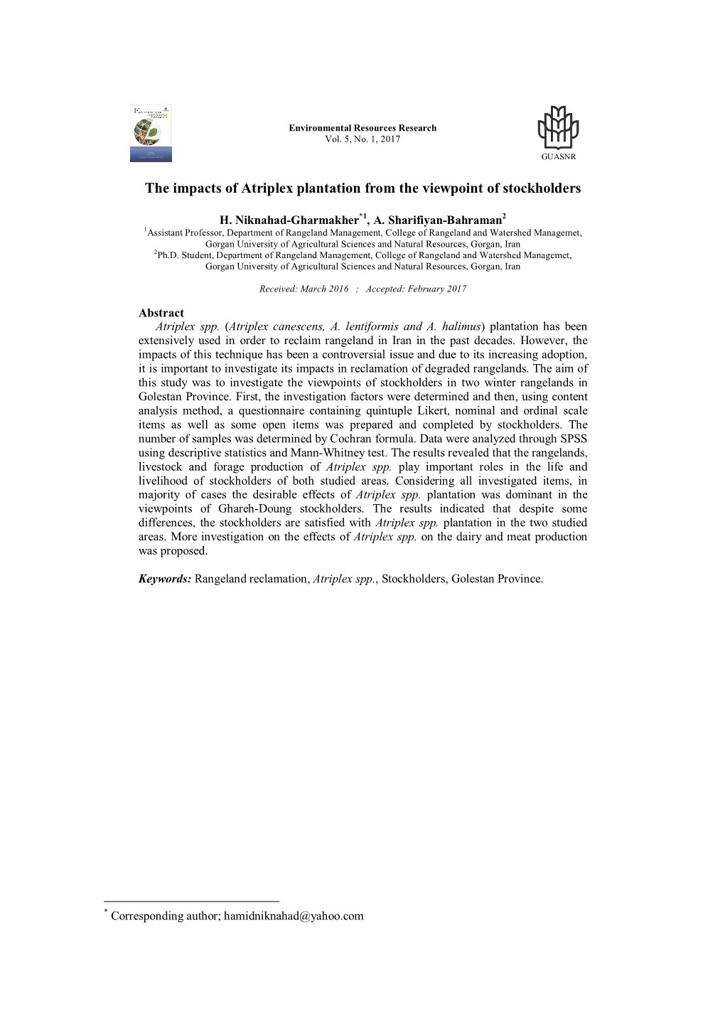 The Impacts of Atriplex Plantation from the Viewpoint of Stockholders