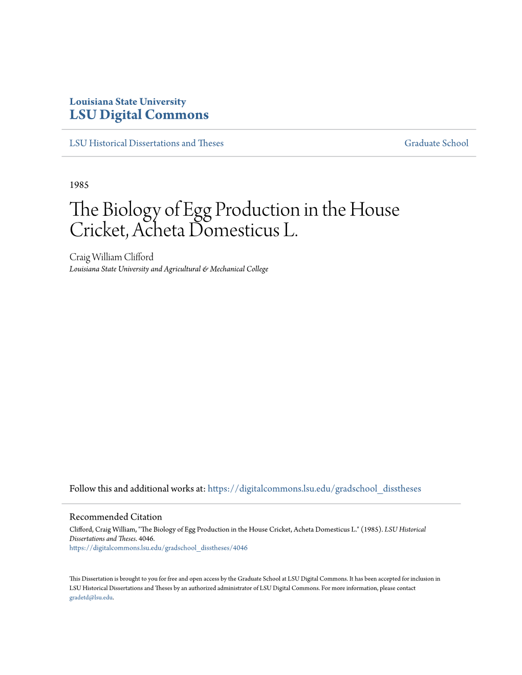 The Biology of Egg Production in the House Cricket, Acheta Domesticus L