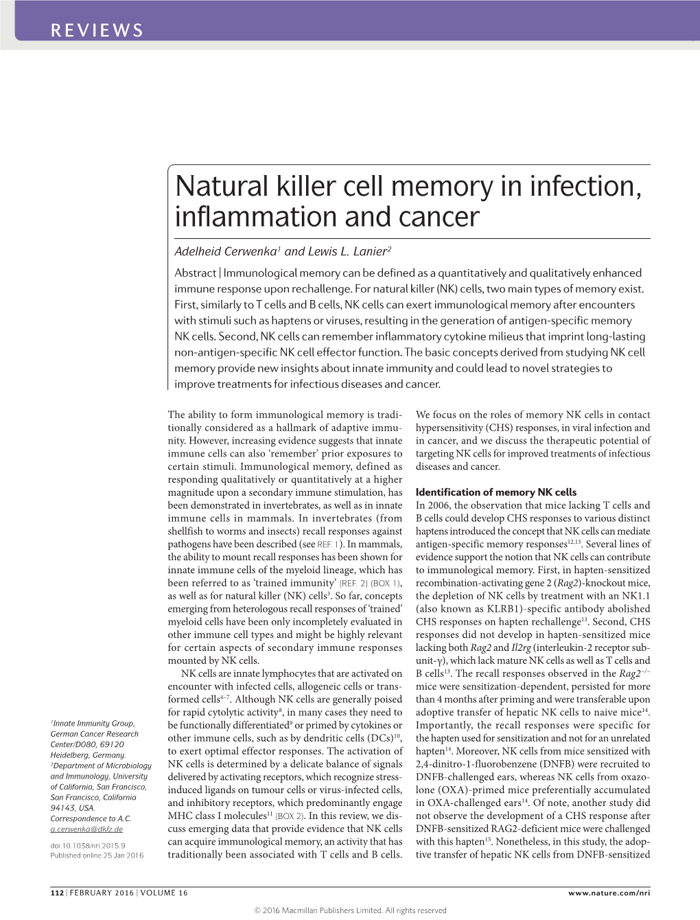 Natural Killer Cell Memory in Infection, Inflammation and Cancer