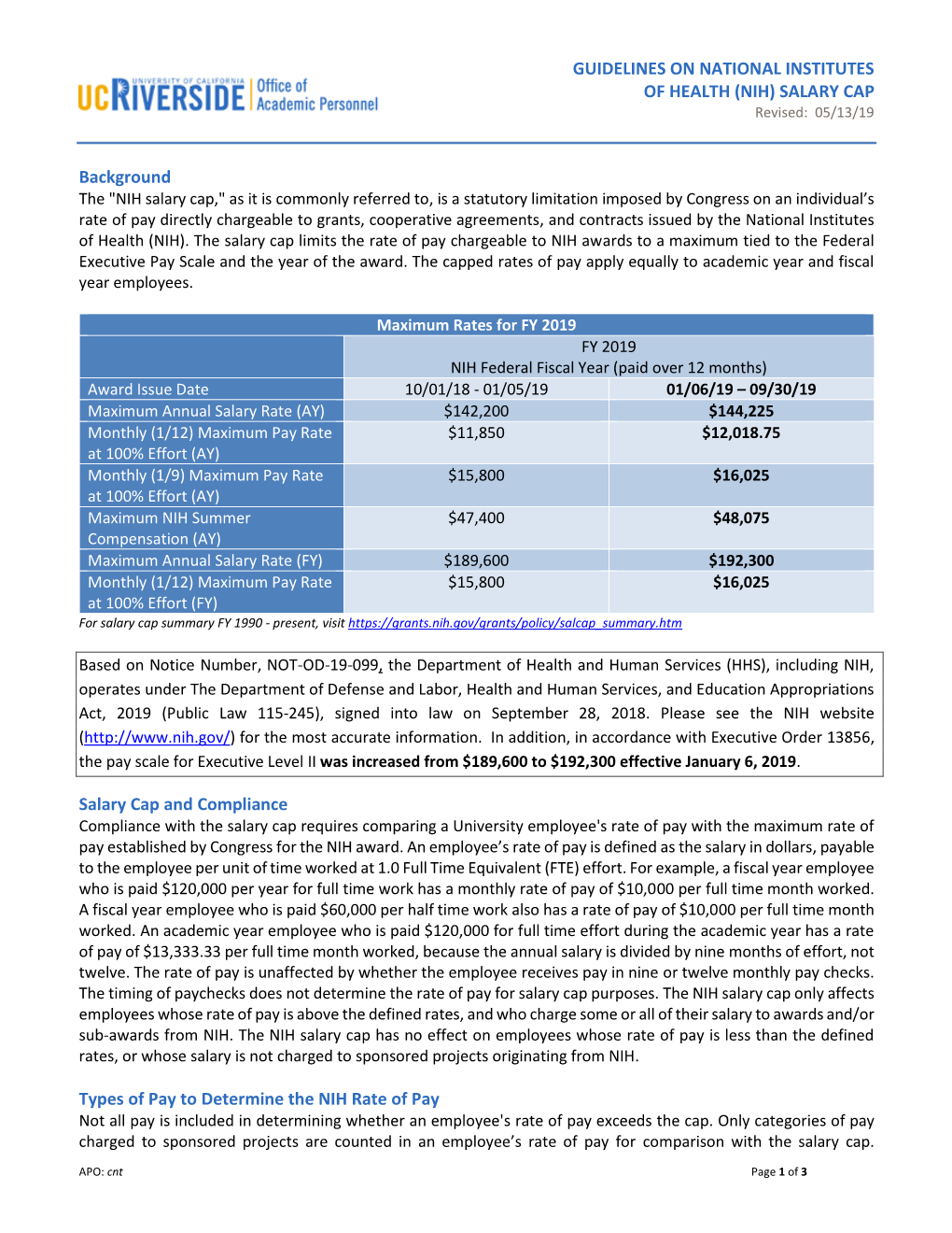 GUIDELINES on NATIONAL INSTITUTES of HEALTH (NIH) SALARY CAP Revised: 05/13/19