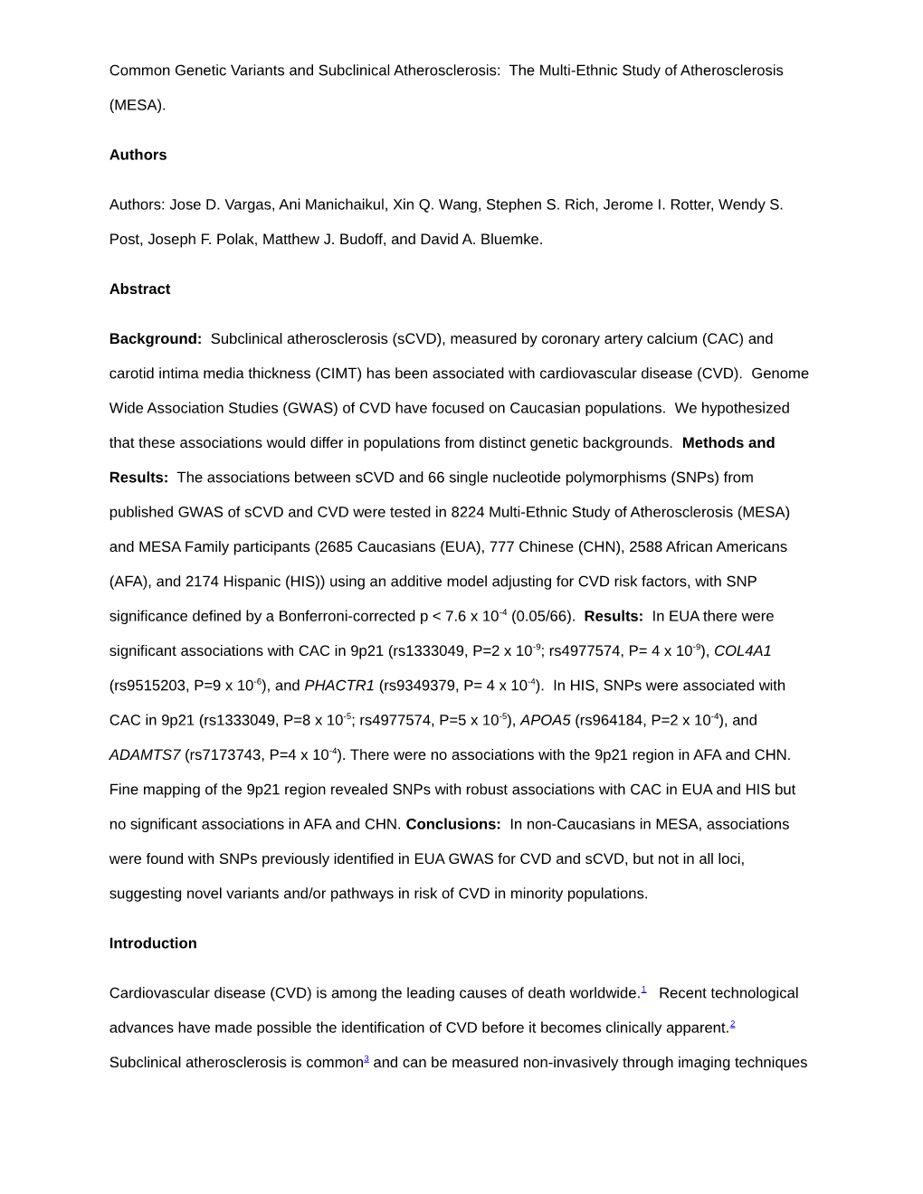 Common Genetic Variants and Subclinical Atherosclerosis: the Multi-Ethnic Study of Atherosclerosis