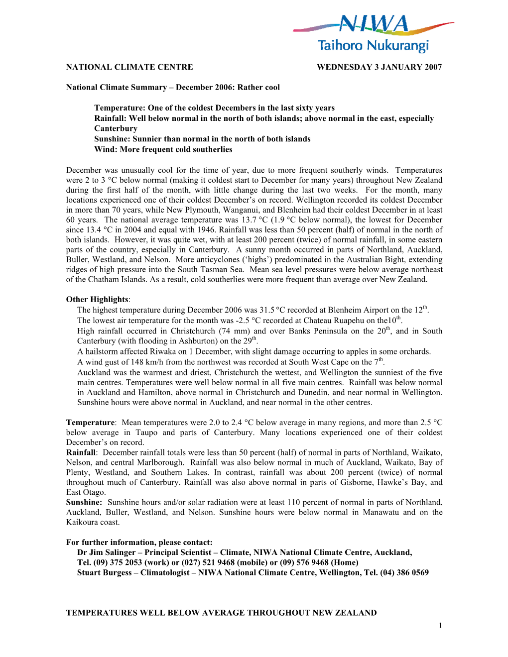 December 2006 Climate Summary