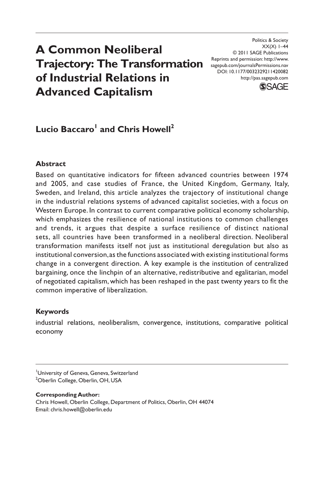 The Transformation of Industrial Relations in Advanced Capitalism