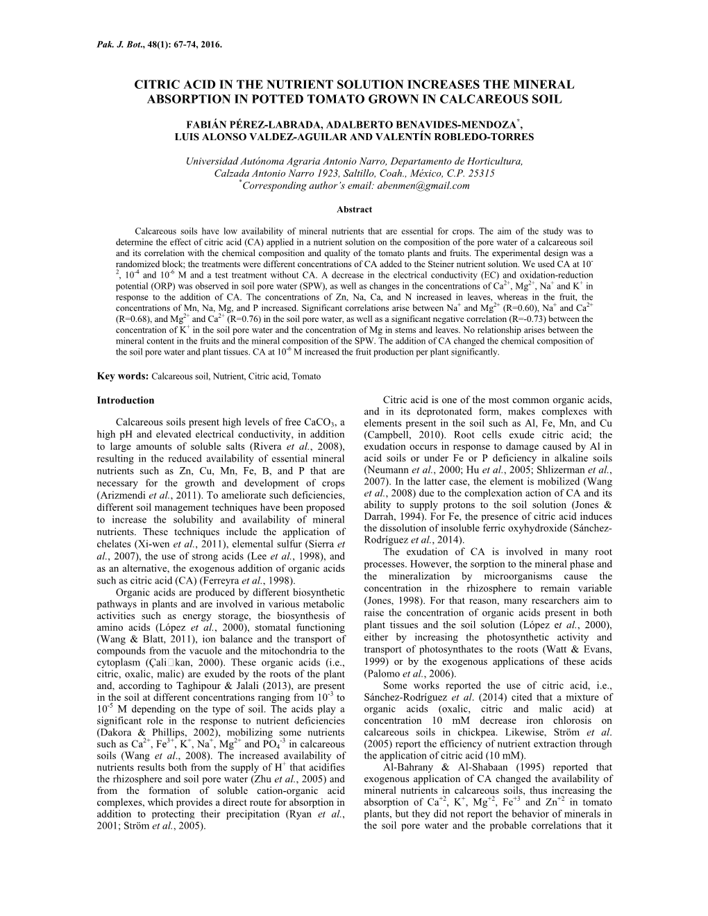 Citric Acid in the Nutrient Solution Increases the Mineral Absorption in Potted Tomato Grown in Calcareous Soil