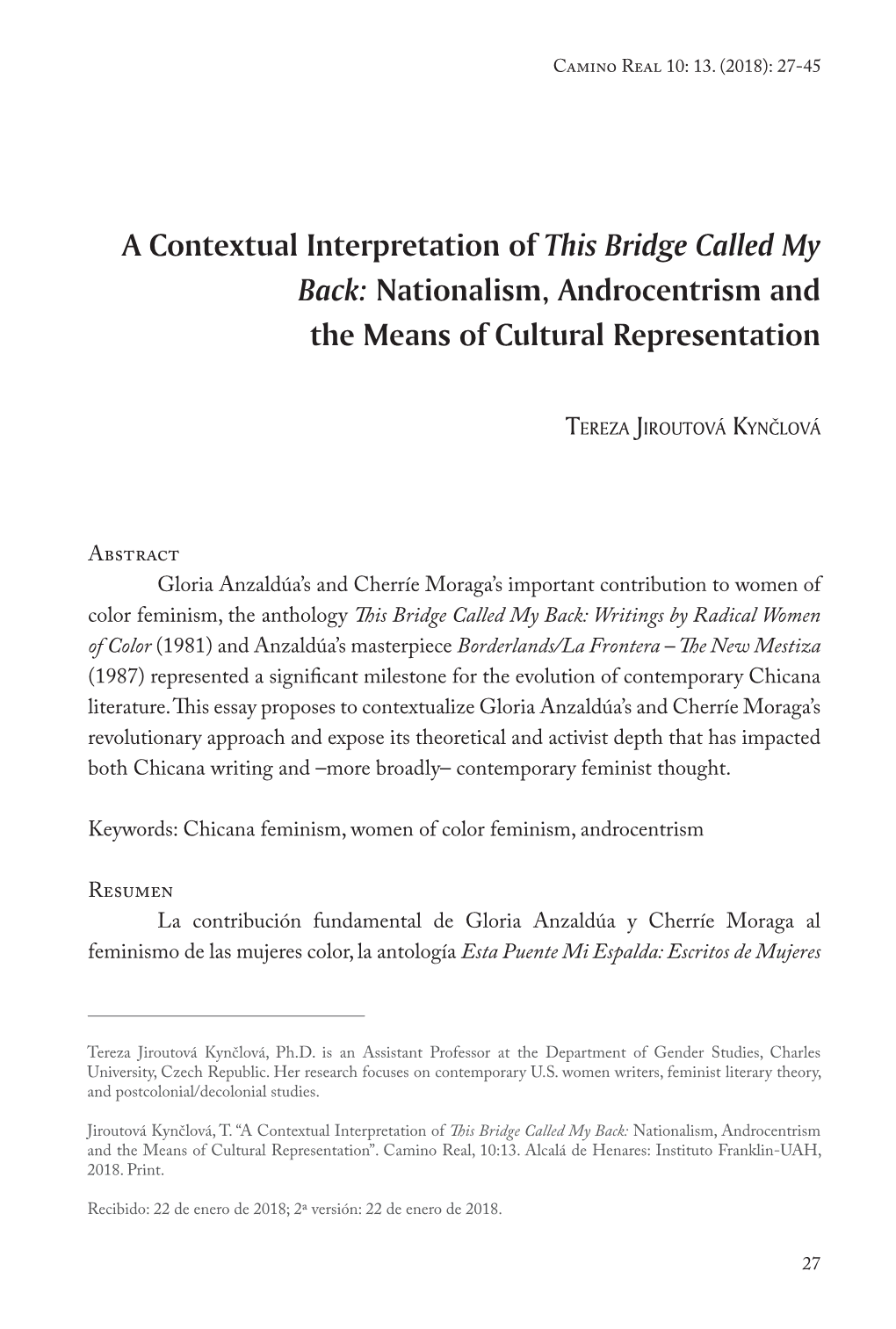 A Contextual Interpretation of This Bridge Called My Back: Nationalism, Androcentrism and the Means of Cultural Representation