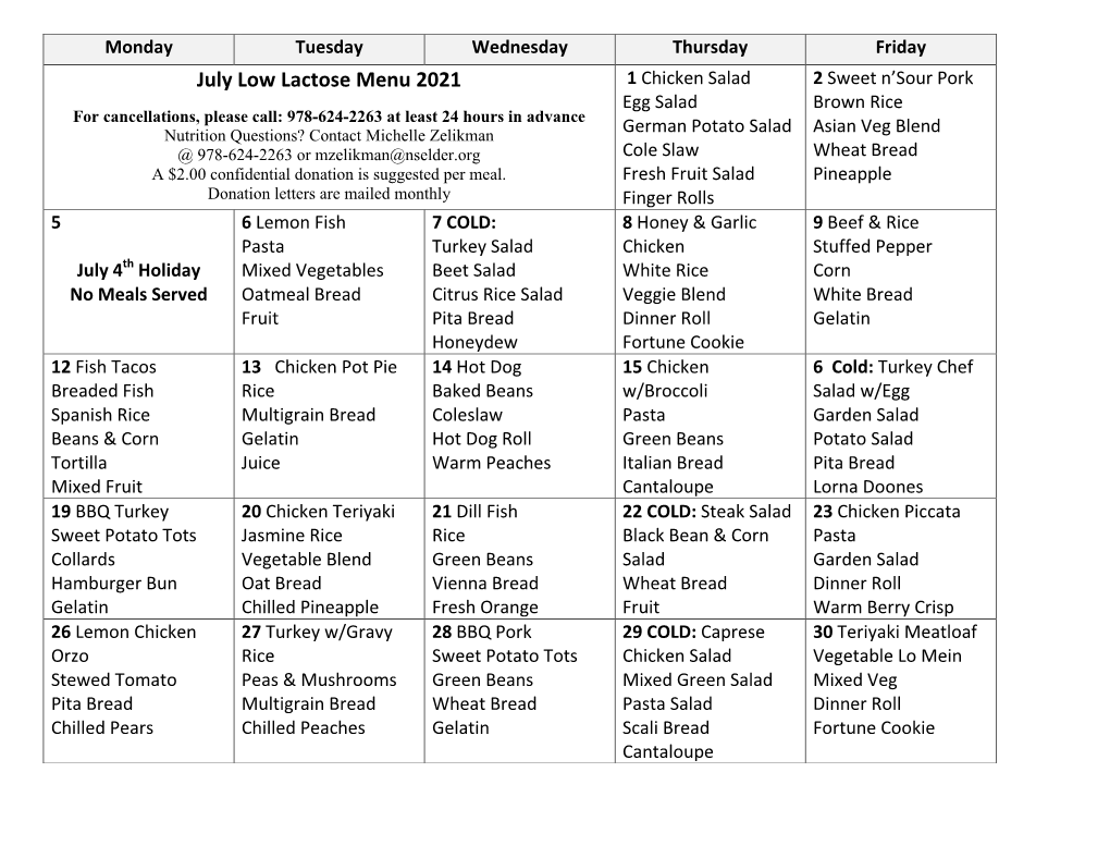 July Low Lactose Menu 2021