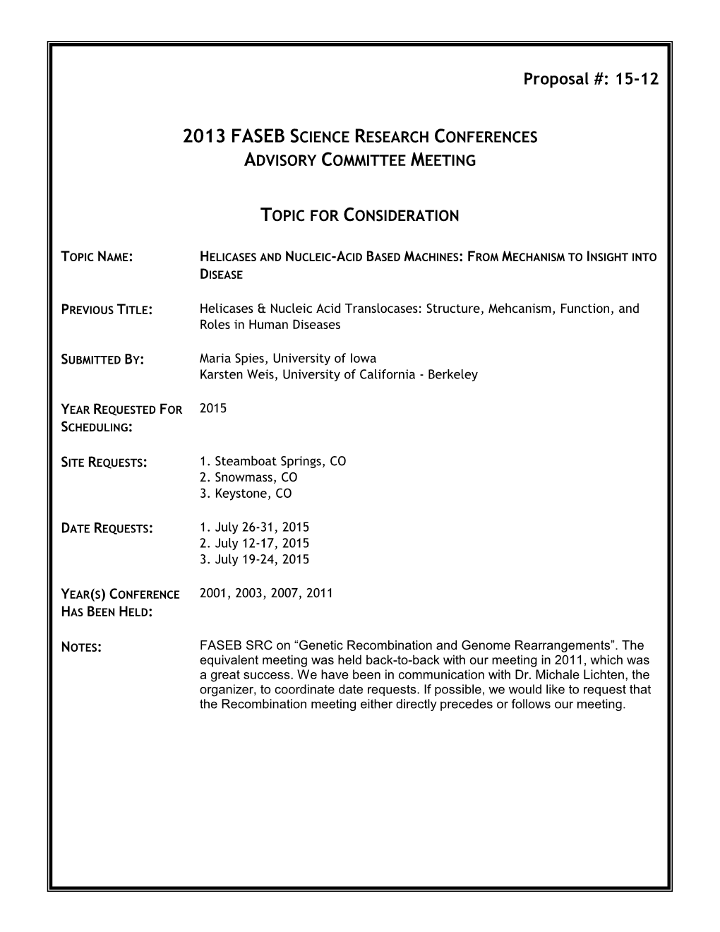 2013 Faseb Science Research Conferences Advisory Committee Meeting