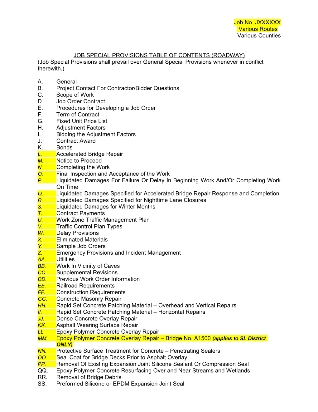 Job Special Provisions Table of Contents (Roadway)