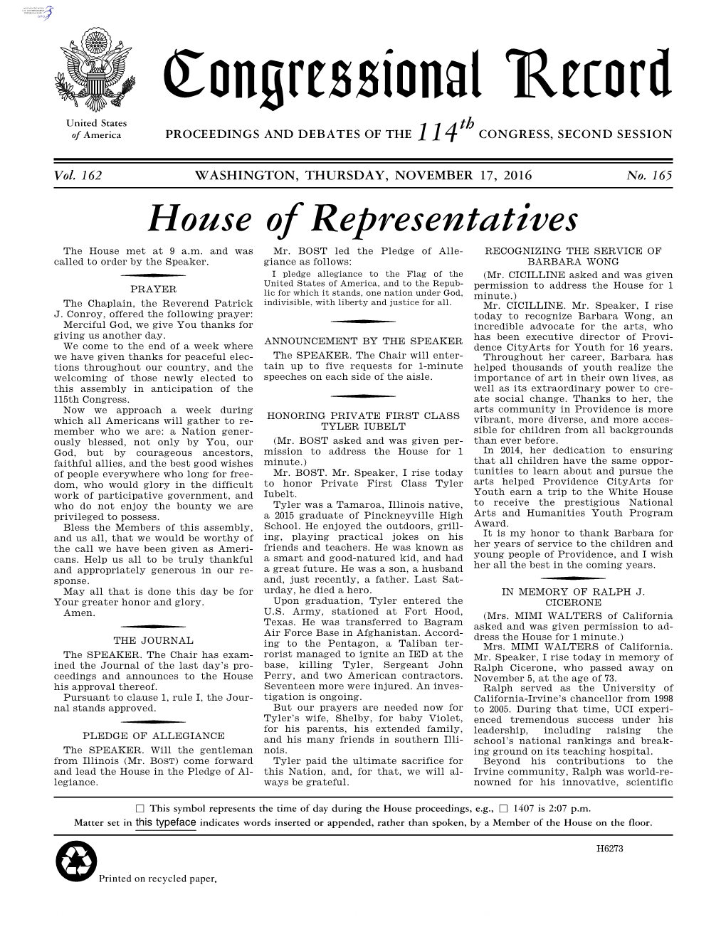 Congressional Record United States Th of America PROCEEDINGS and DEBATES of the 114 CONGRESS, SECOND SESSION