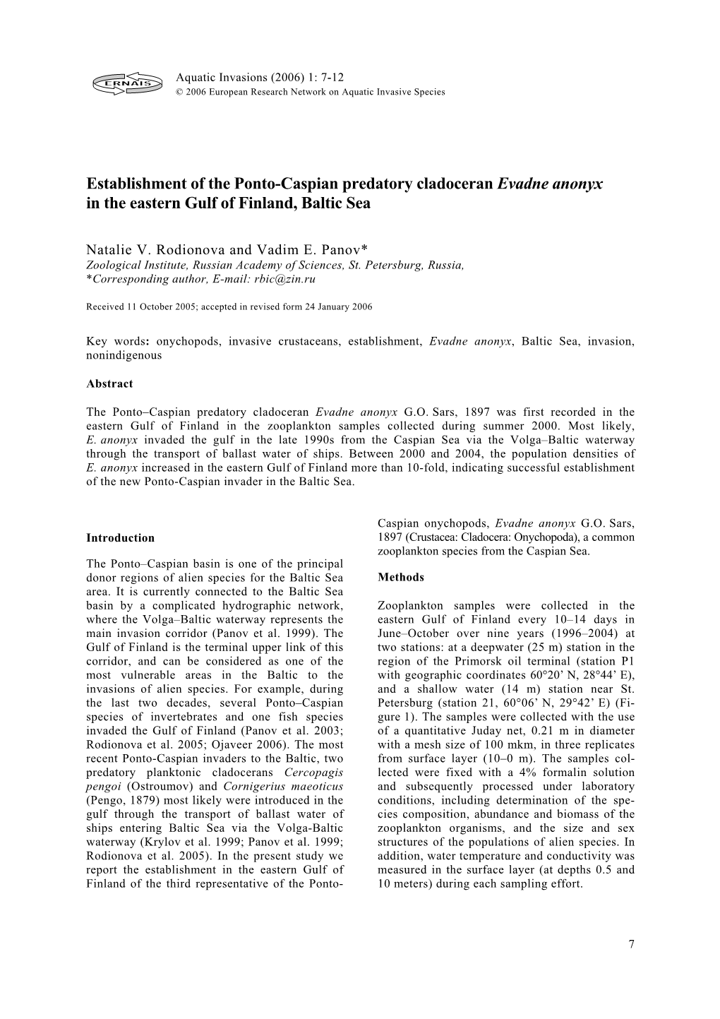 Establishment of the Ponto-Caspian Predatory Cladoceran Evadne Anonyx in the Eastern Gulf of Finland, Baltic Sea