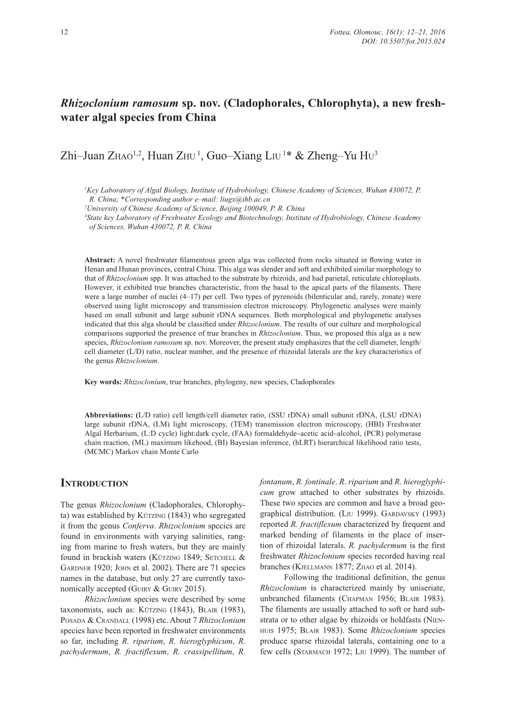 Rhizoclonium Ramosum Sp. Nov. (Cladophorales, Chlorophyta), a New Fresh- Water Algal Species from China