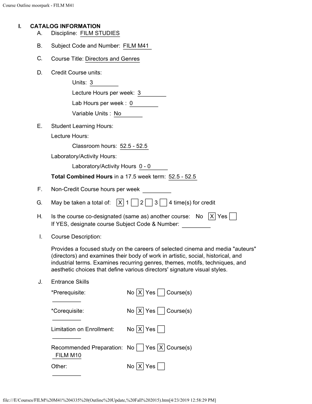 Course Outline Moorpark - FILM M41